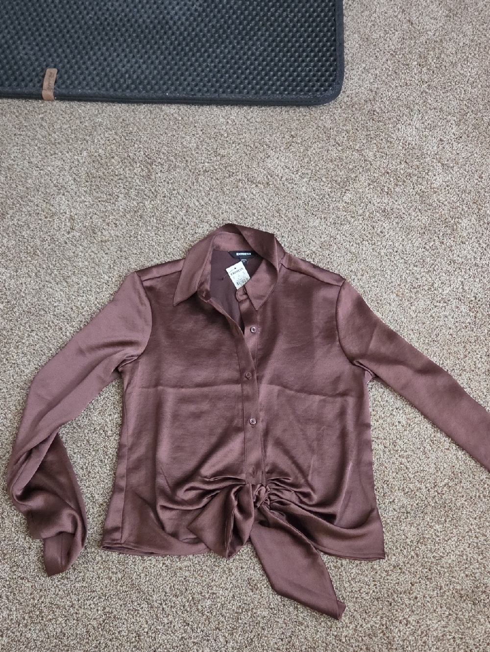 Express Satin Button-Front Blouse in Deep Brown